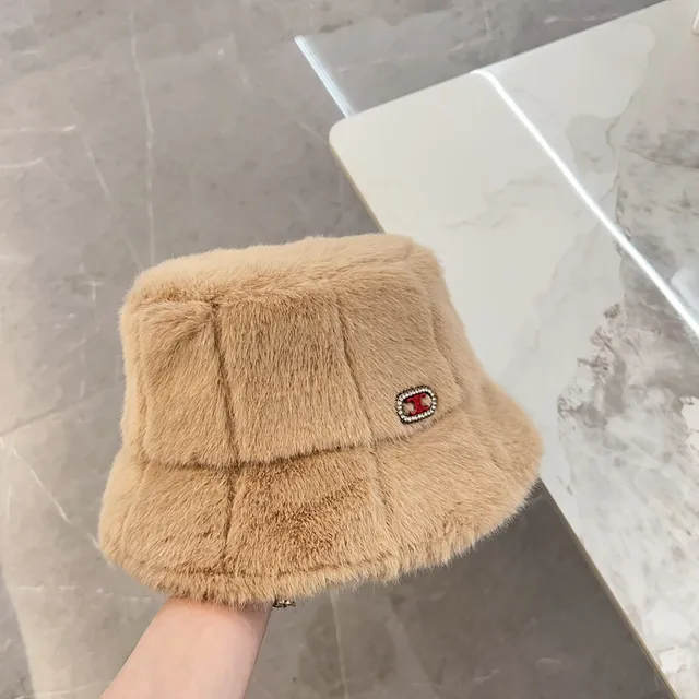 Beige Red Plush Faux Fur Quilted Panel Construction Bucket Hat 7