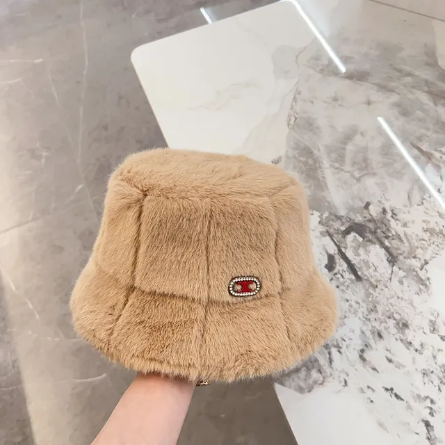 Beige Red Plush Faux Fur Quilted Panel Construction Bucket Hat 9