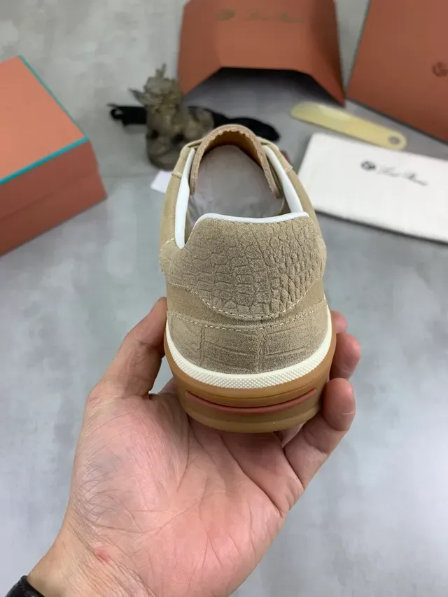 Beige Suede Croc-Embossed Panel Sneaker 2
