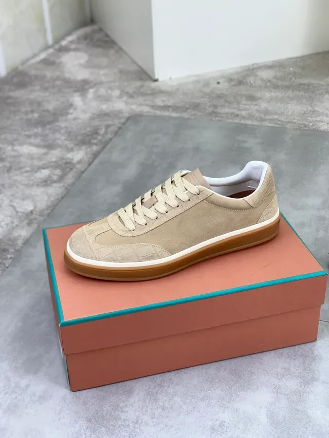 Beige Suede Croc-Embossed Panel Sneaker 3