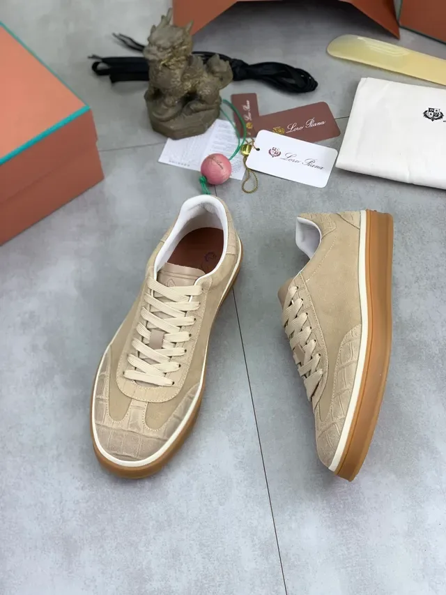Beige Suede Croc-Embossed Panel Sneaker 4