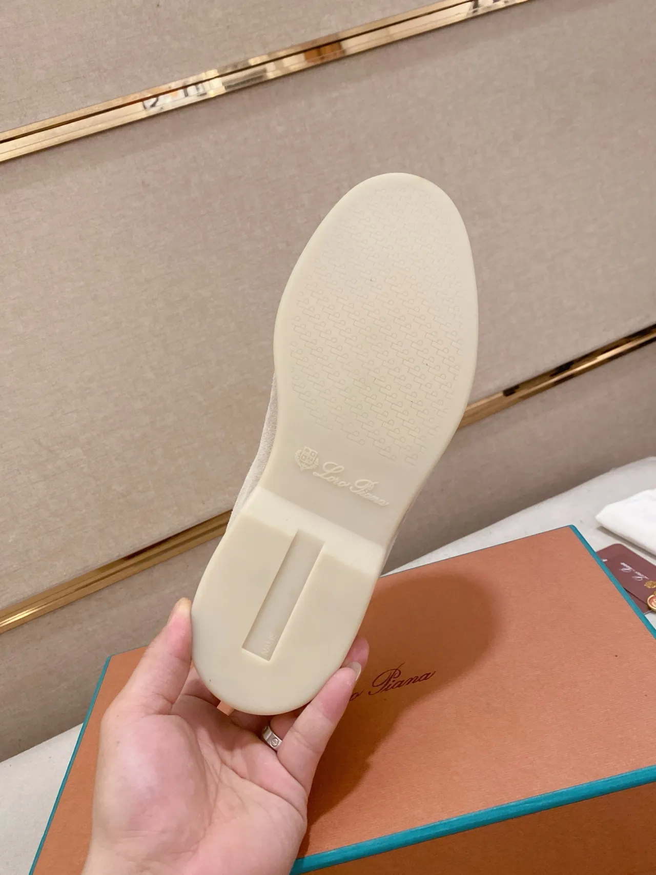 Beige White Suede-Like Upper Moc-Toe Stitching Loafer 2