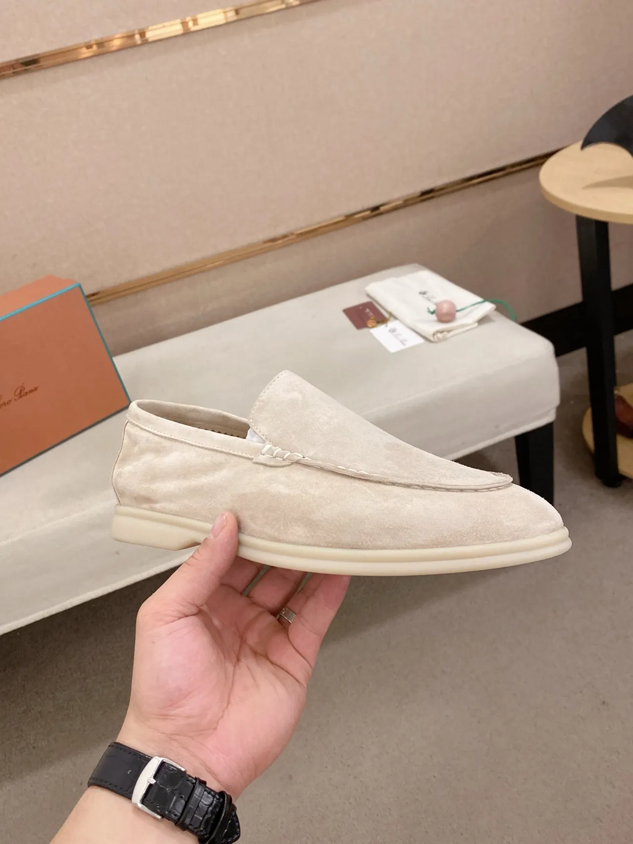 Beige White Suede-Like Upper Moc-Toe Stitching Loafer 4