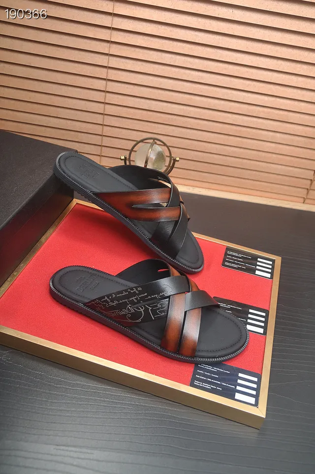 Berluti Black Brown Cross-Strap Leather Slippers 3