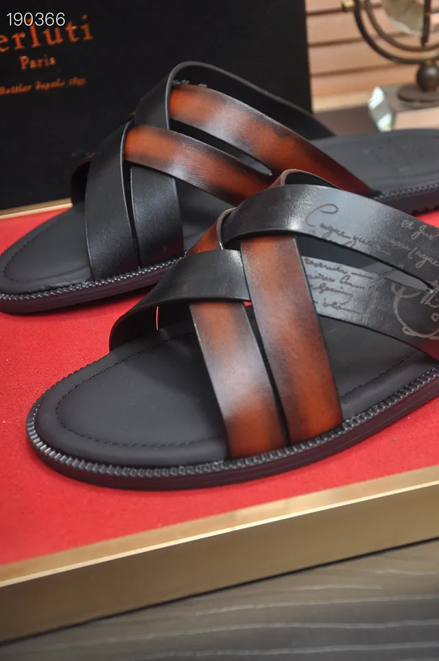 Berluti Black Brown Cross-Strap Leather Slippers 4