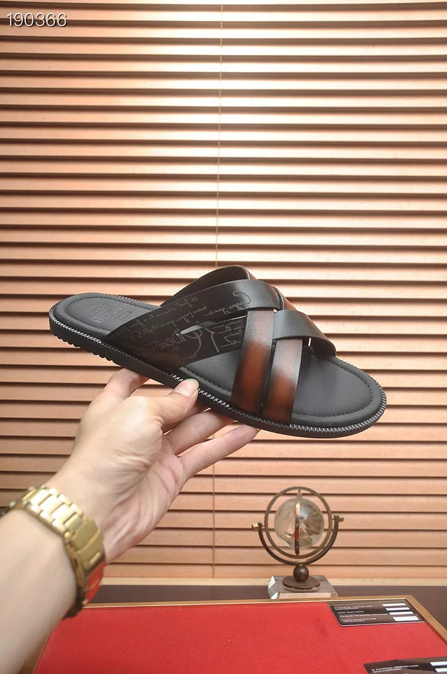 Berluti Black Brown Cross-Strap Leather Slippers 5