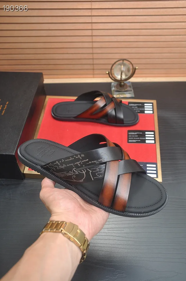 Berluti Black Brown Cross-Strap Leather Slippers 6