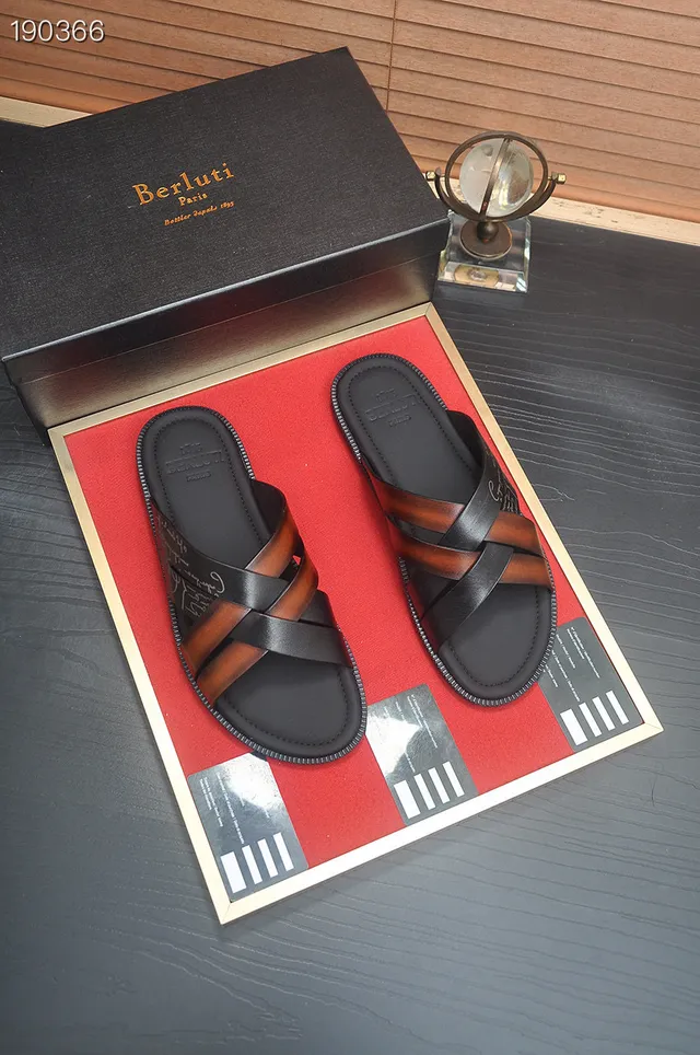 Berluti Black Brown Cross-Strap Leather Slippers 7