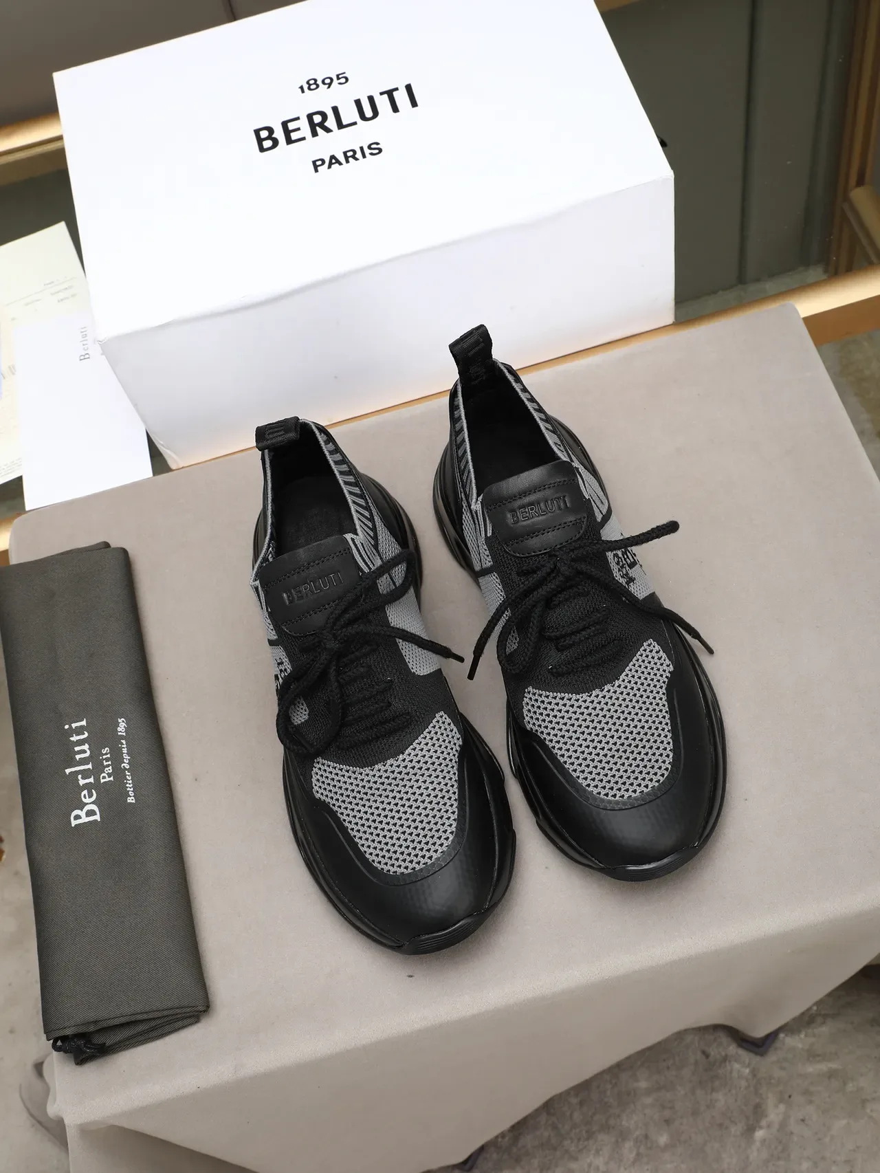 Berluti Black Gray Knit Mesh Upper Leather Overlays Sneakers 3
