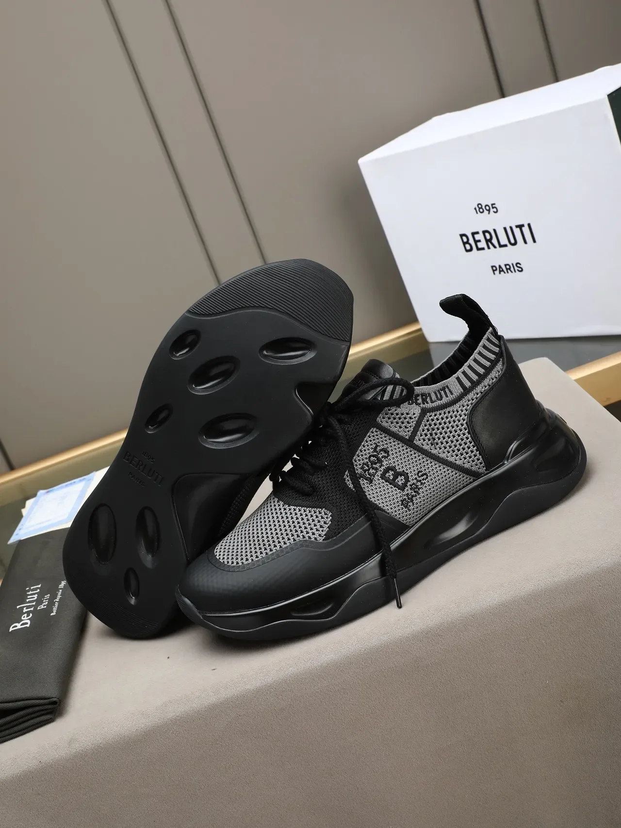 Berluti Black Gray Knit Mesh Upper Leather Overlays Sneakers 4