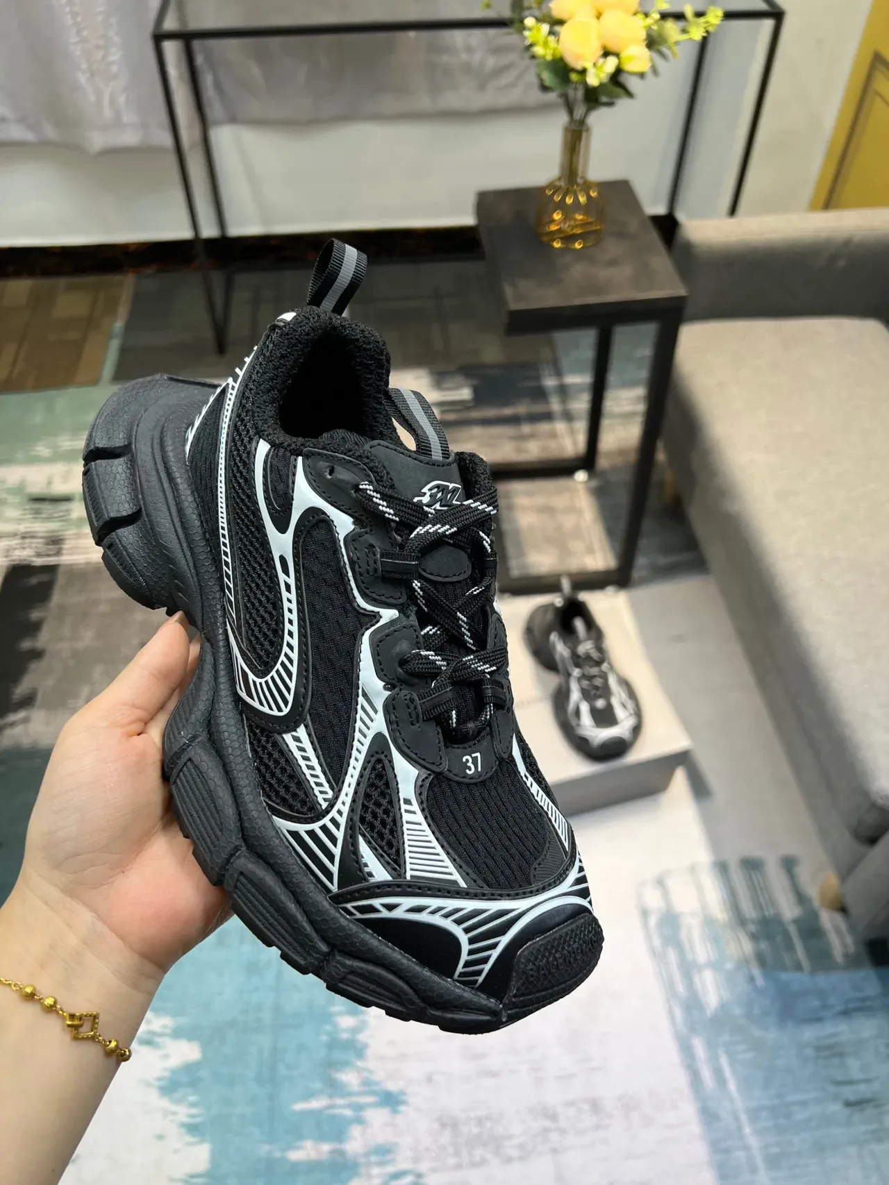 Black and White Chunky Sole Mesh Sneaker 6