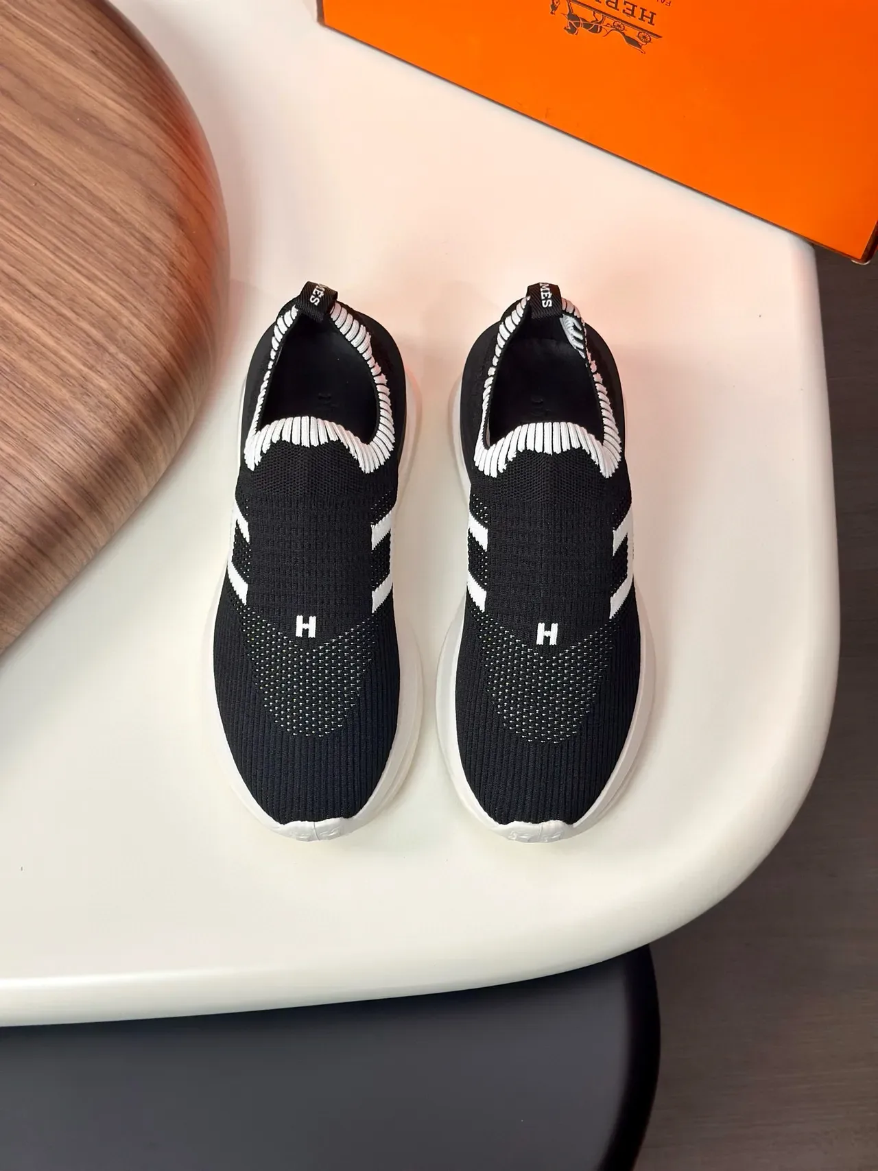 Black and White Knit Slip-On Lifestyle Sneakers 2