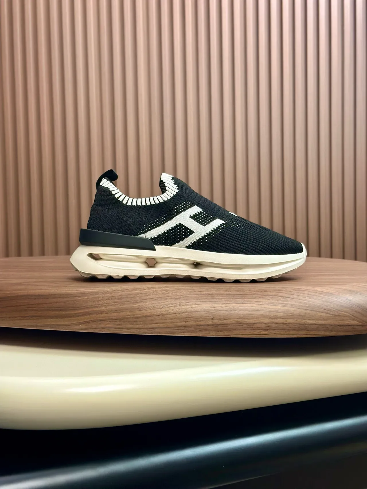 Black and White Knit Slip-On Lifestyle Sneakers 3