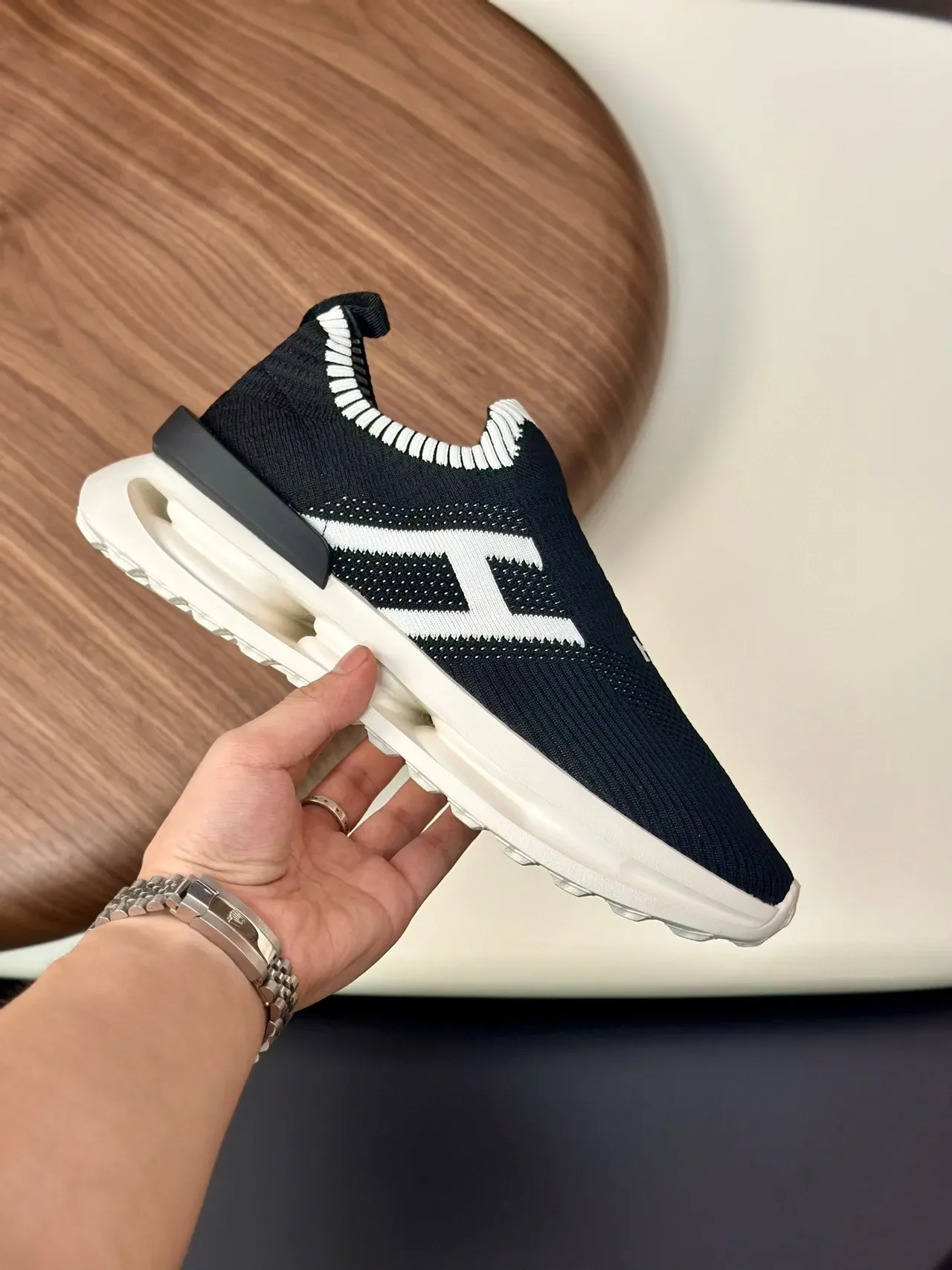 Black and White Knit Slip-On Lifestyle Sneakers 4