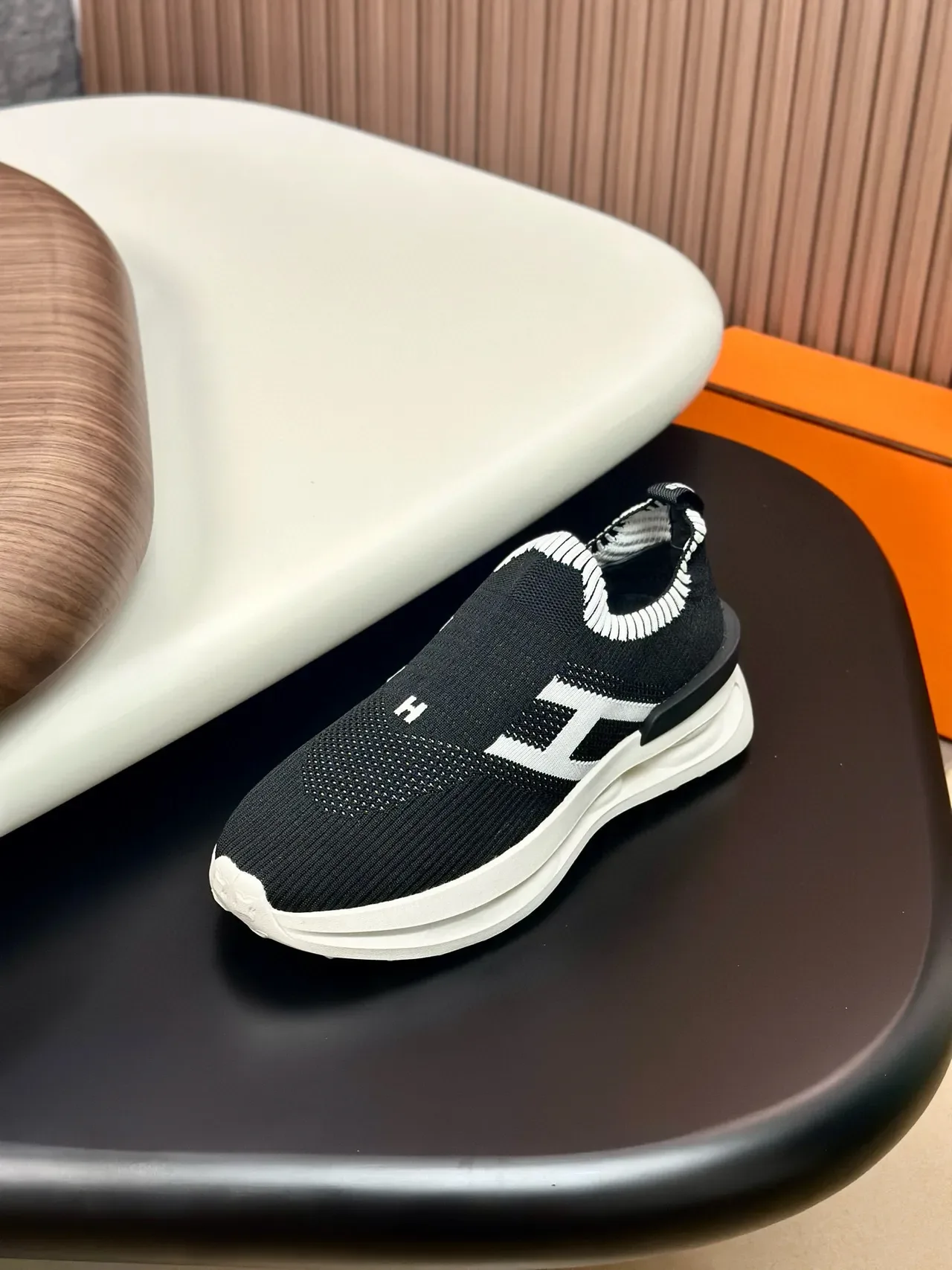 Black and White Knit Slip-On Lifestyle Sneakers 6