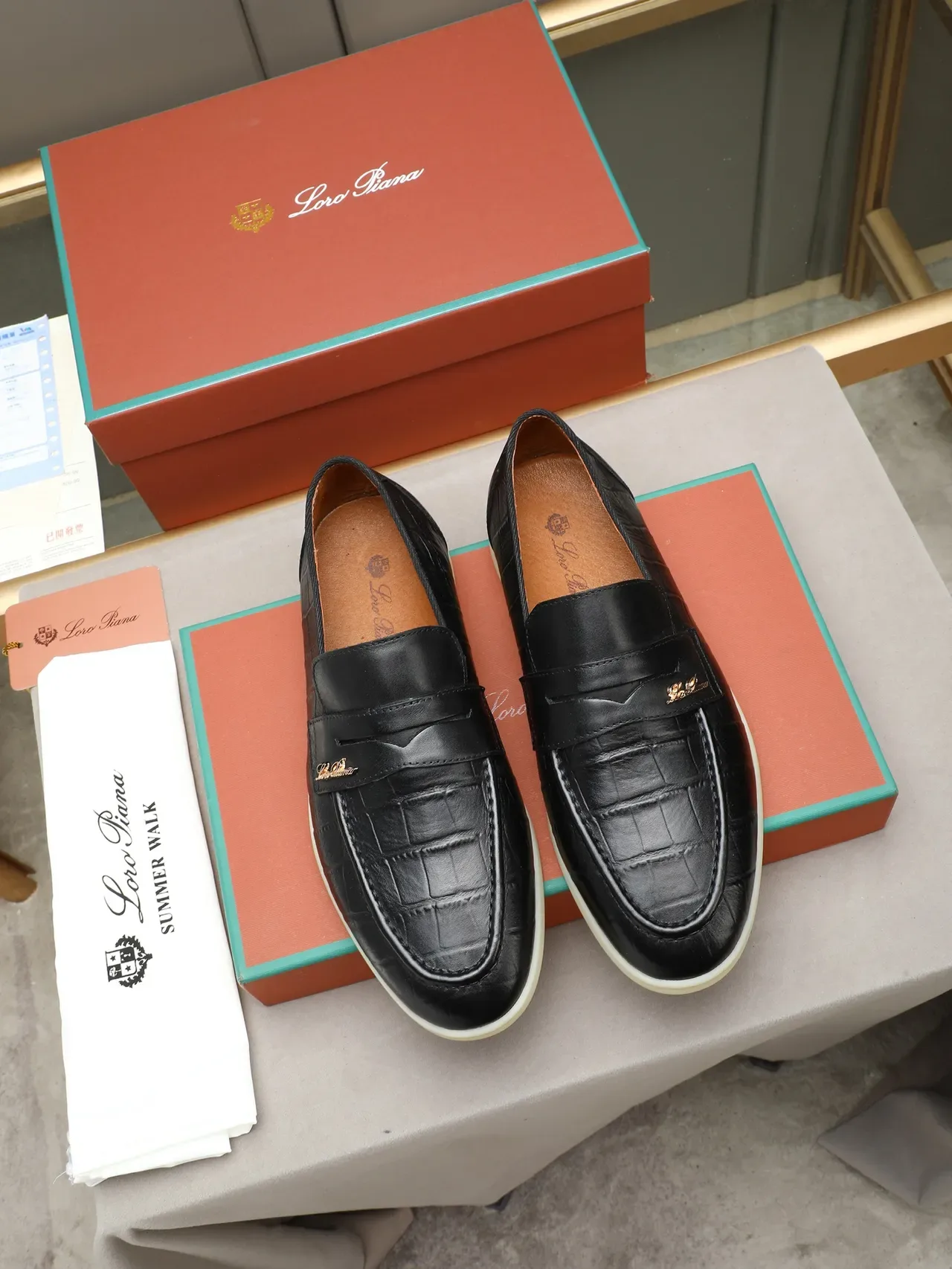 Black Beige Croc-Embossed Leather Metal Logo Strap Loafer 2