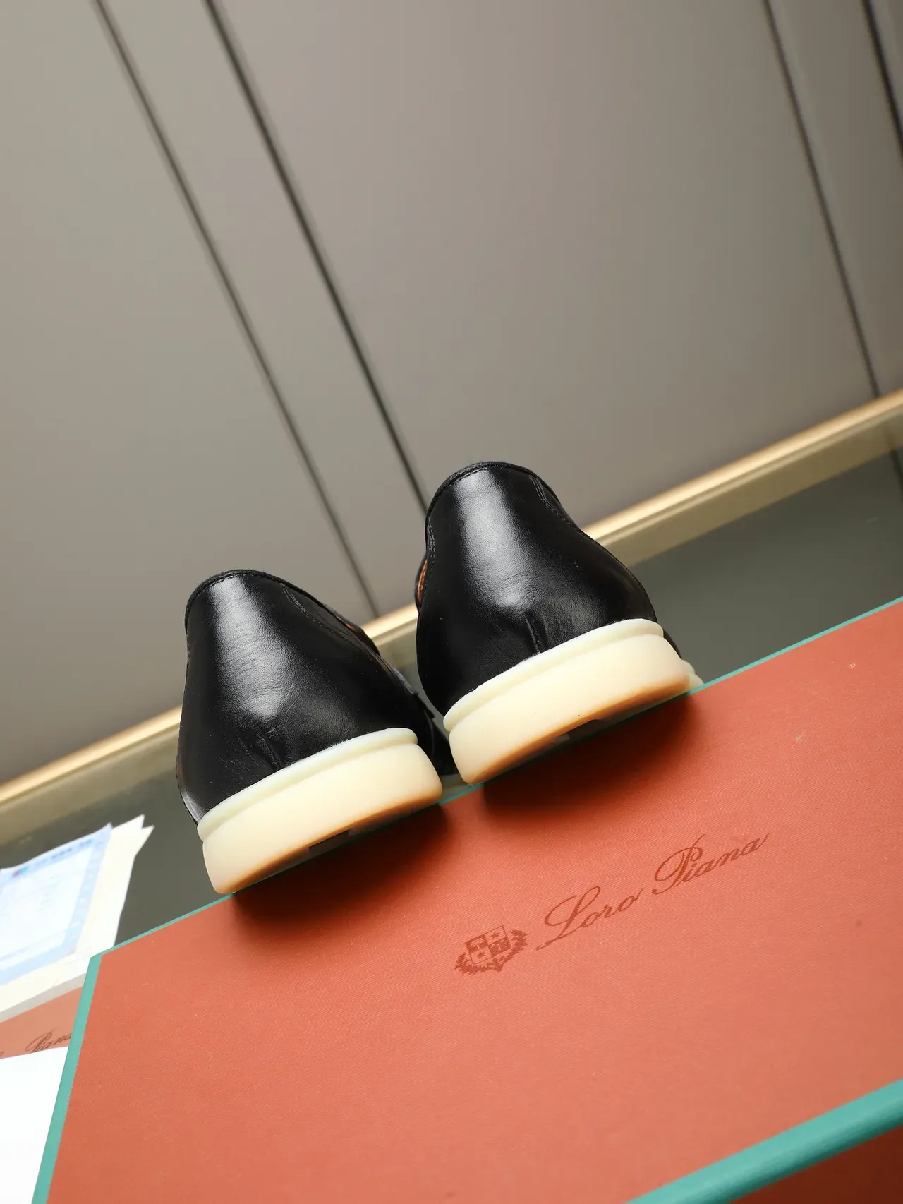 Black Beige Croc-Embossed Leather Metal Logo Strap Loafer 3