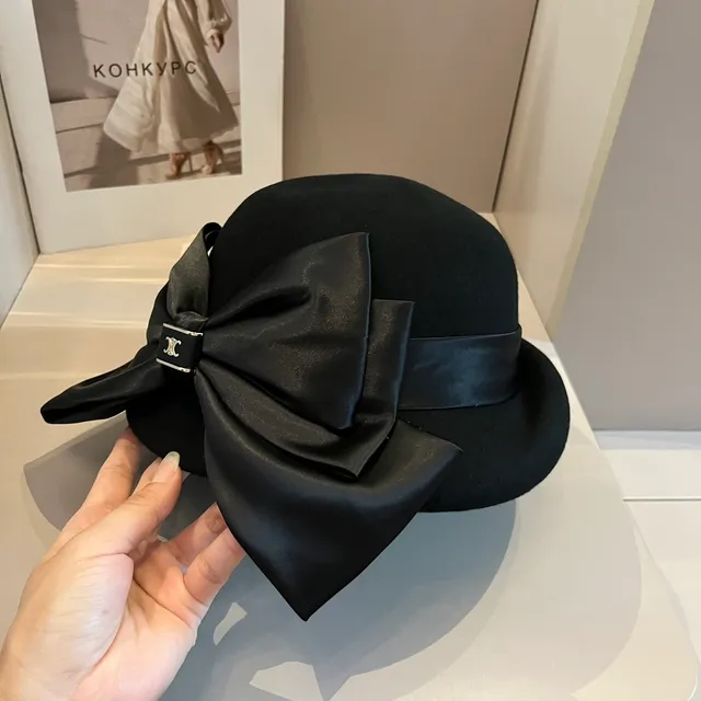 Black Beige Oversized Satin Bow Metal Logo Clasp Hat 2