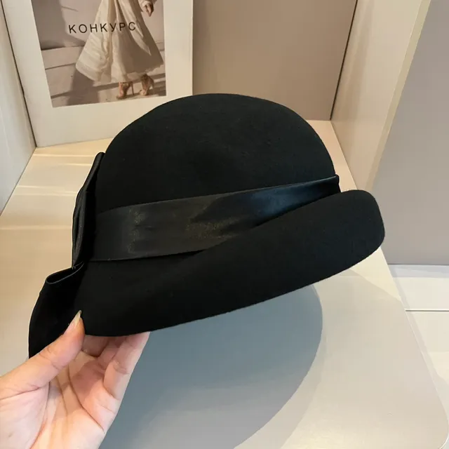 Black Beige Oversized Satin Bow Metal Logo Clasp Hat 3