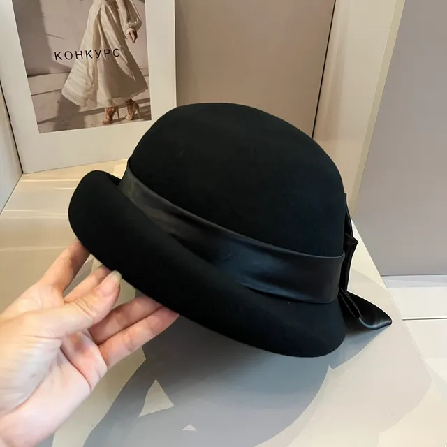Black Beige Oversized Satin Bow Metal Logo Clasp Hat 4
