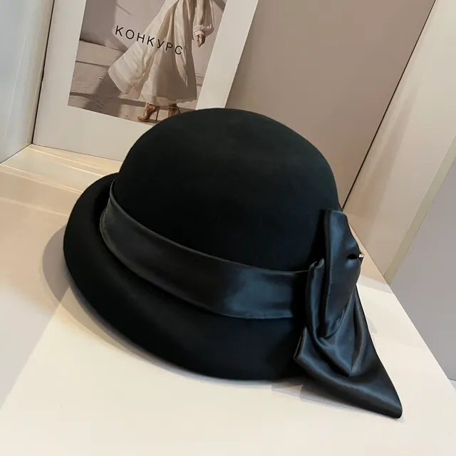 Black Beige Oversized Satin Bow Metal Logo Clasp Hat 5