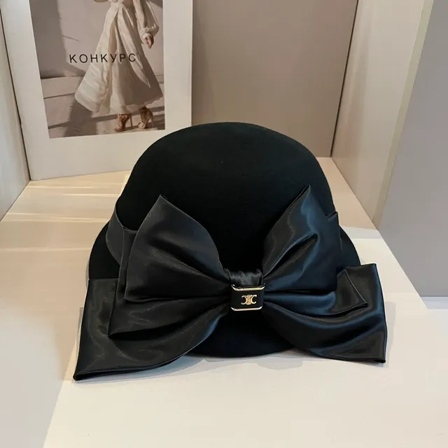 Black Beige Oversized Satin Bow Metal Logo Clasp Hat 6