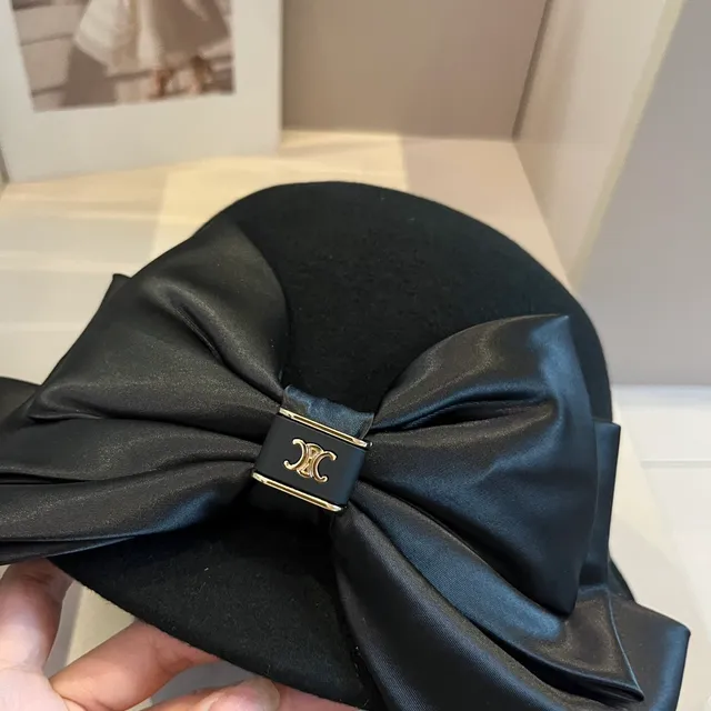 Black Beige Oversized Satin Bow Metal Logo Clasp Hat 7