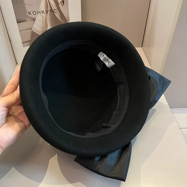 Black Beige Oversized Satin Bow Metal Logo Clasp Hat 9