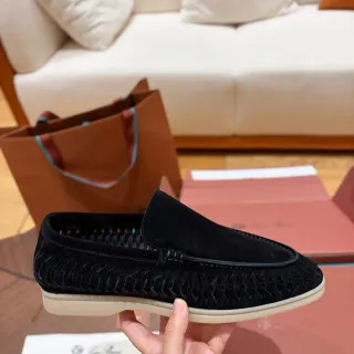 黑色米色编织麂皮鞋面低帮松紧构造乐福鞋