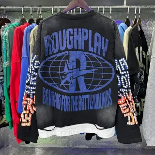 Black Blue Graphic-Print Distressed Wash Top