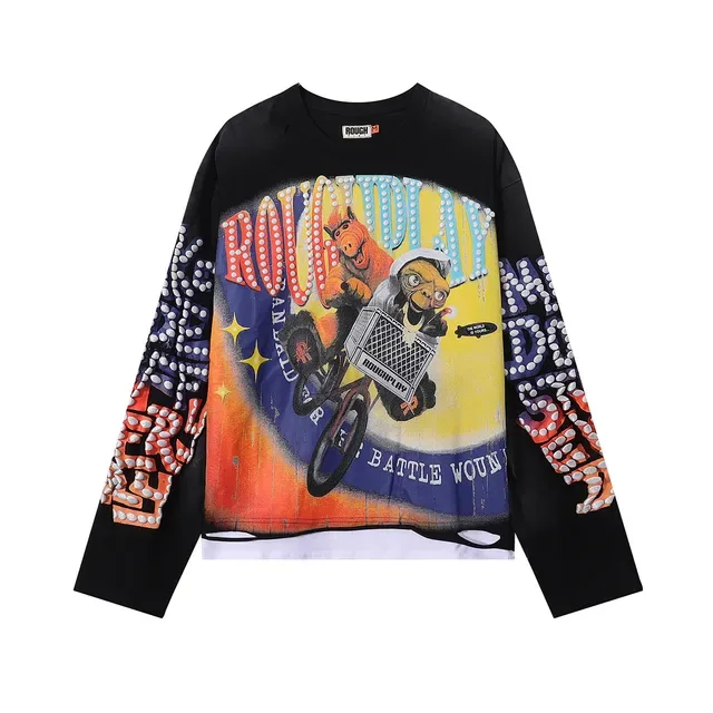 Black Blue Graphic-Print Distressed Wash Top 3