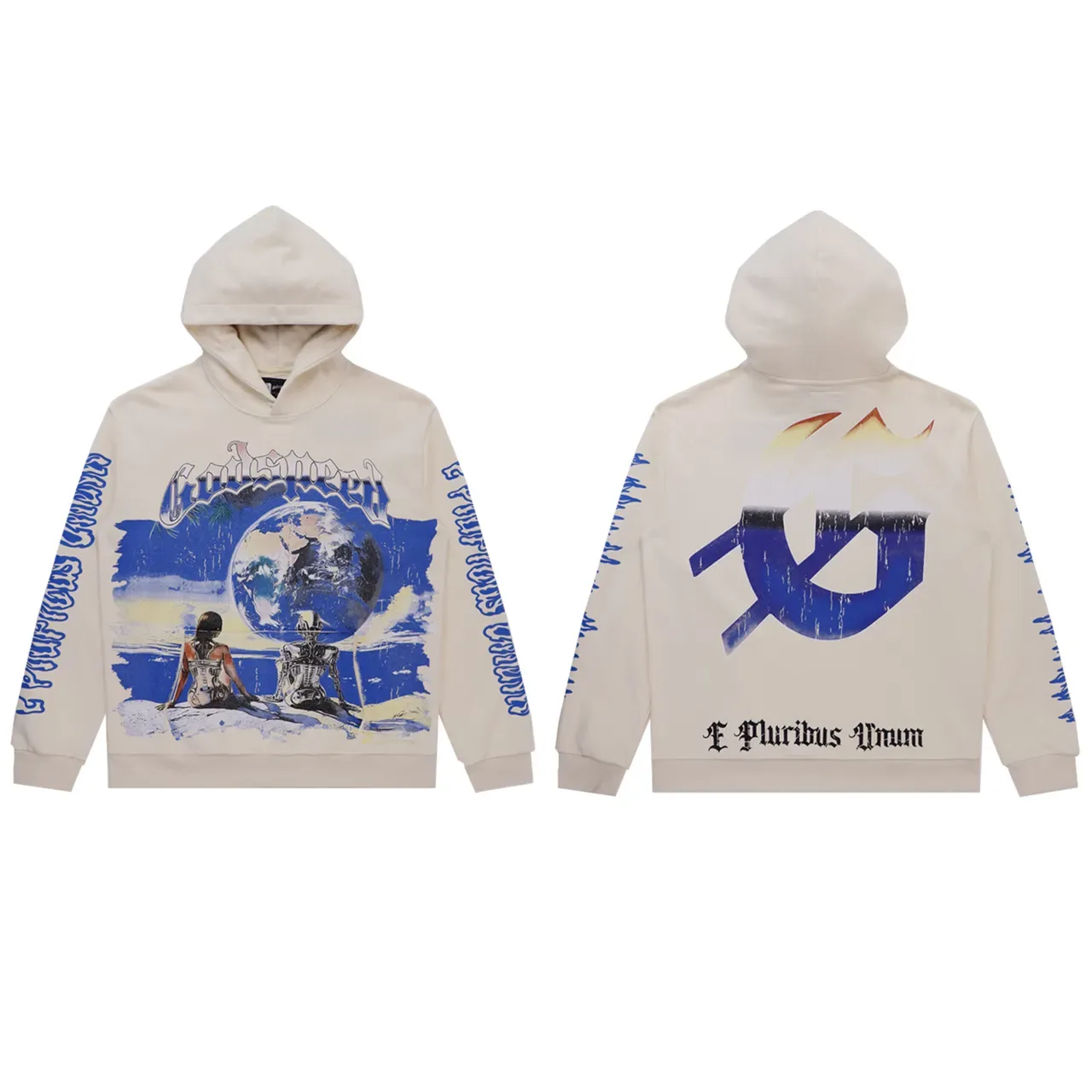 Black Blue Graphic-Print Front Sleeve Text Repeat Hoodie 2