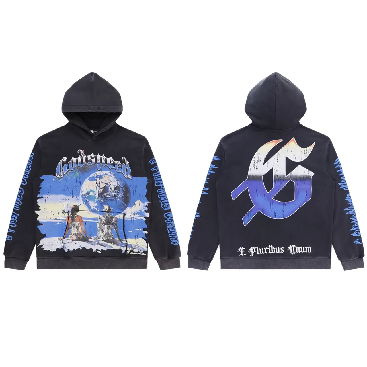 Black Blue Graphic-Print Front Sleeve Text Repeat Hoodie 3