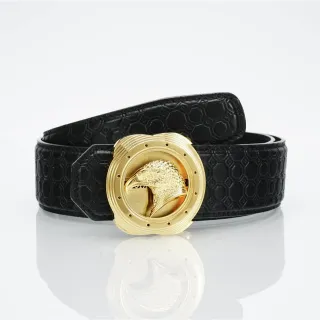 Black Gold Embossed Hexagonal Texture Eagle Head Buckle Leather Belt