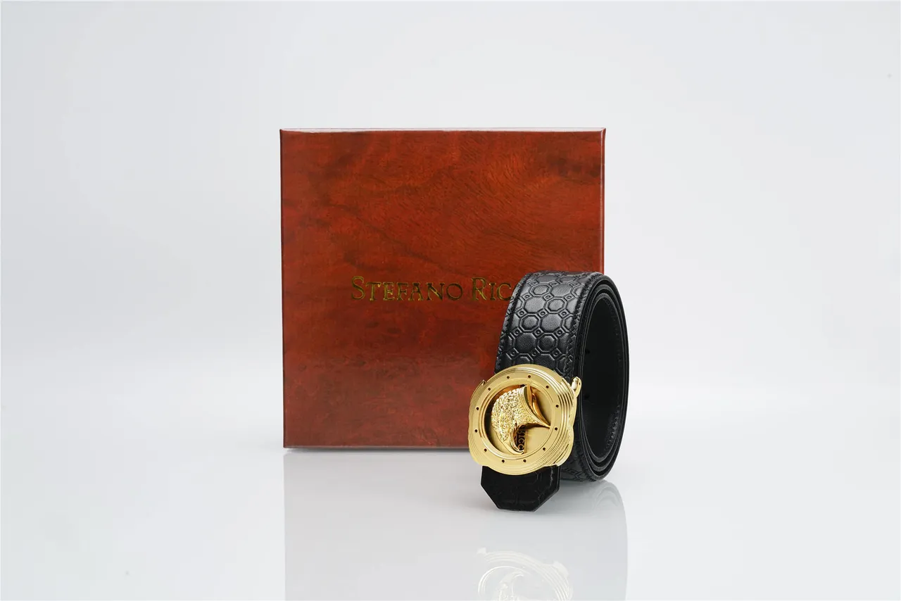 Black Gold Embossed Hexagonal Texture Eagle Head Buckle Leather Belt 2