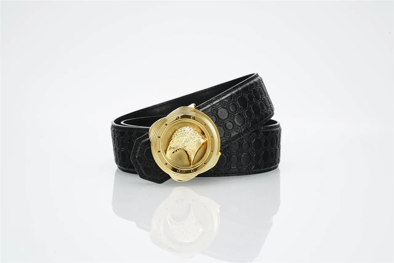 Black Gold Embossed Hexagonal Texture Eagle Head Buckle Leather Belt 5