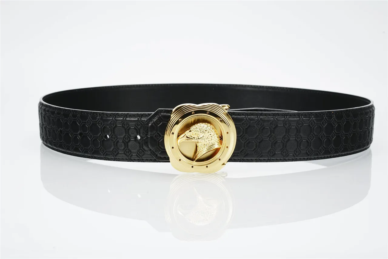 Black Gold Embossed Hexagonal Texture Eagle Head Buckle Leather Belt 8