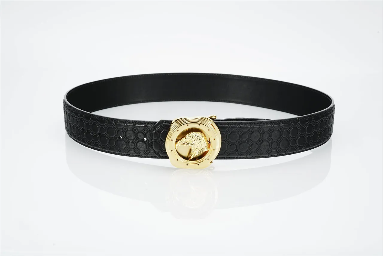 Black Gold Embossed Hexagonal Texture Eagle Head Buckle Leather Belt 9