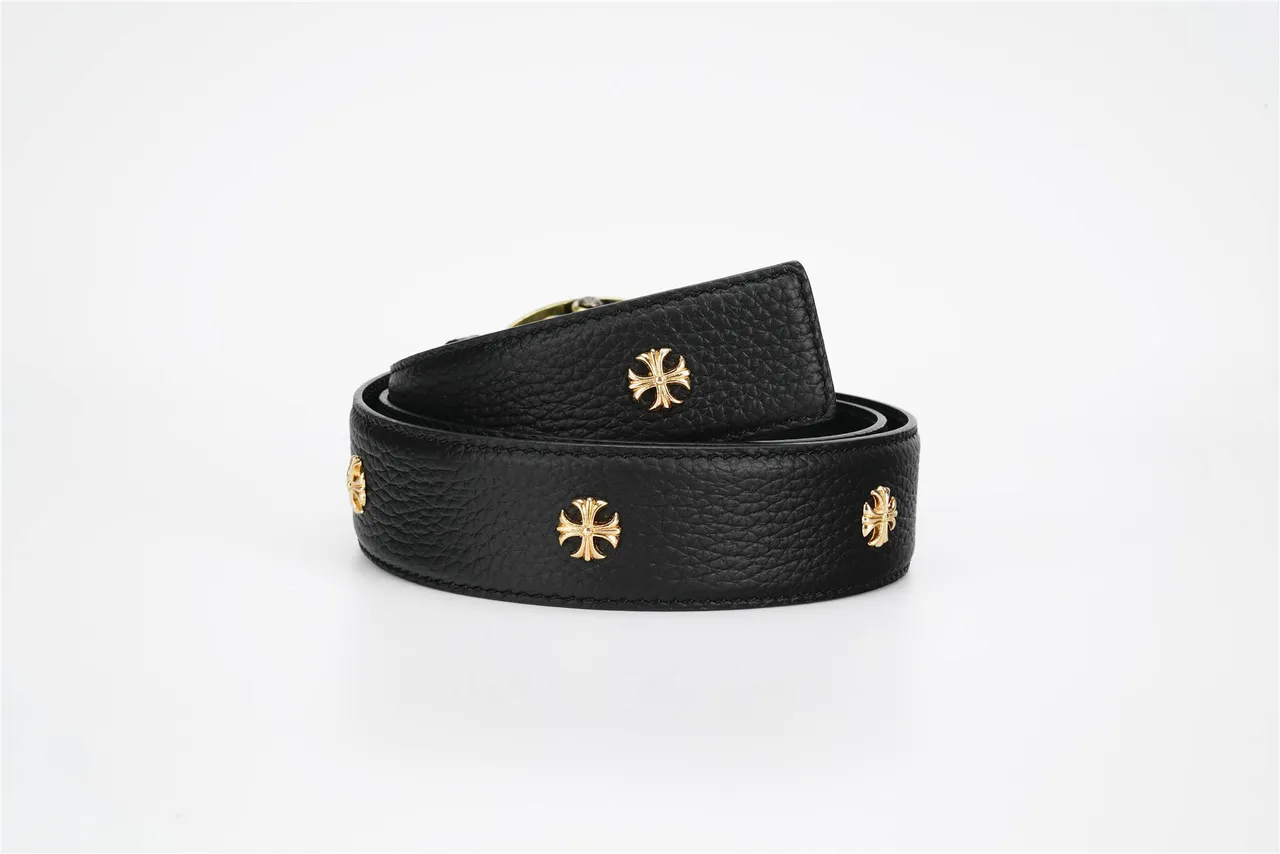 Black Gold Pebbled Ornate Lion-Head Buckle Leather Belt 3