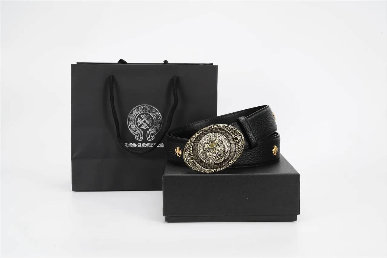 Black Gold Pebbled Ornate Lion-Head Buckle Leather Belt 4
