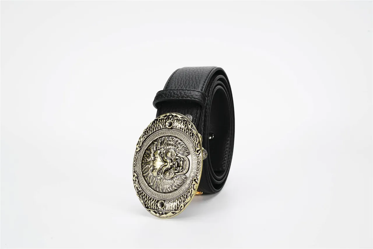 Black Gold Pebbled Ornate Lion-Head Buckle Leather Belt 6