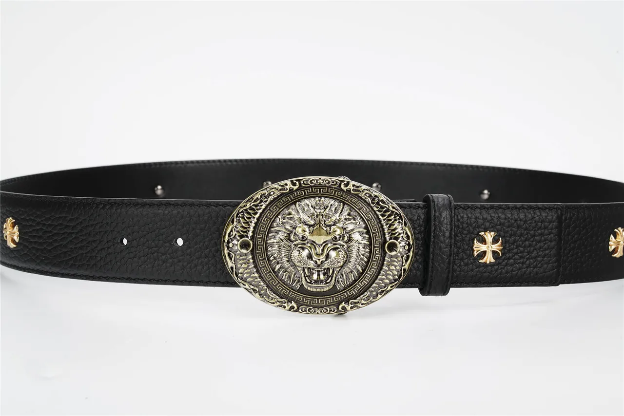 Black Gold Pebbled Ornate Lion-Head Buckle Leather Belt 8