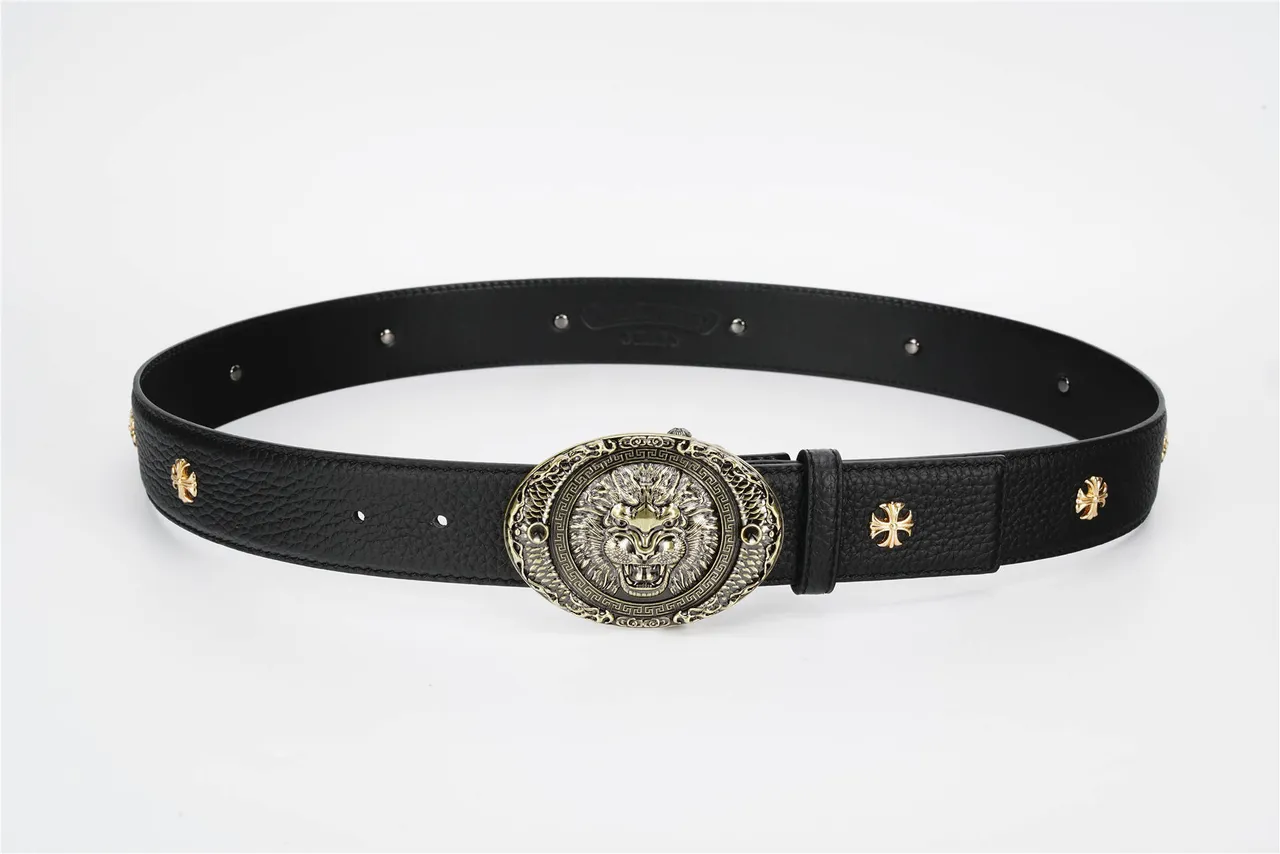 Black Gold Pebbled Ornate Lion-Head Buckle Leather Belt 9