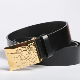 Black Gold Smooth Strap Large Rectangular Buckle Leather Belt