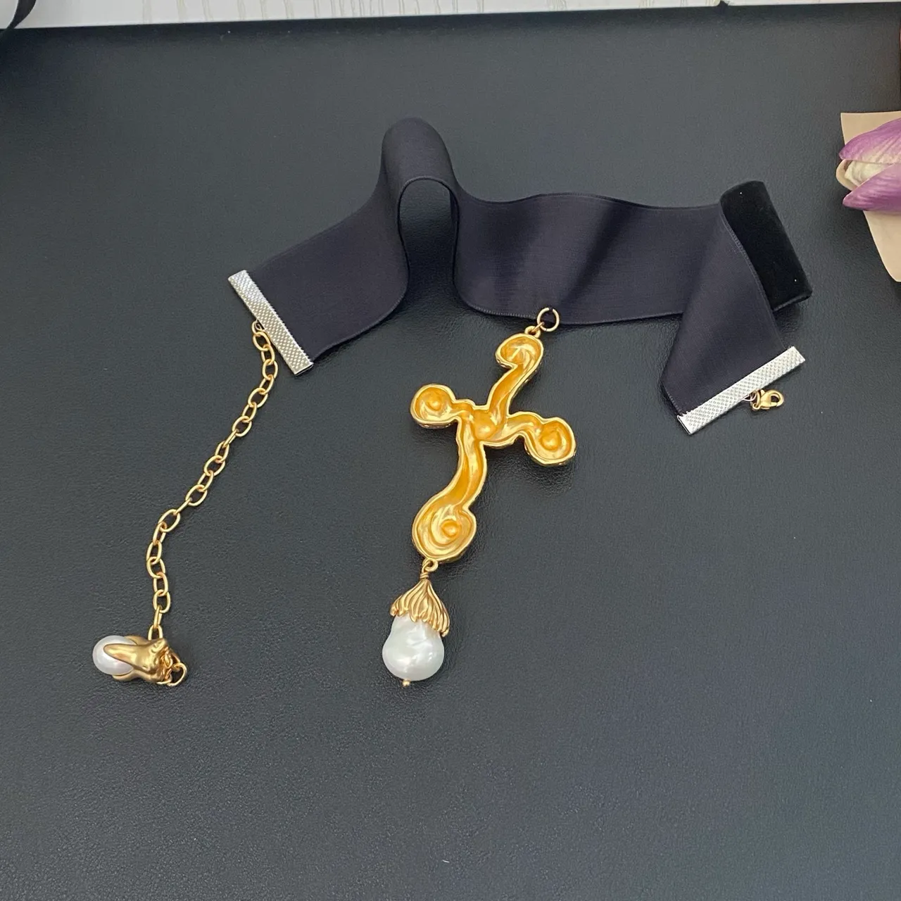 Black Gold Velvet Choker Ornate Cross Necklace 4