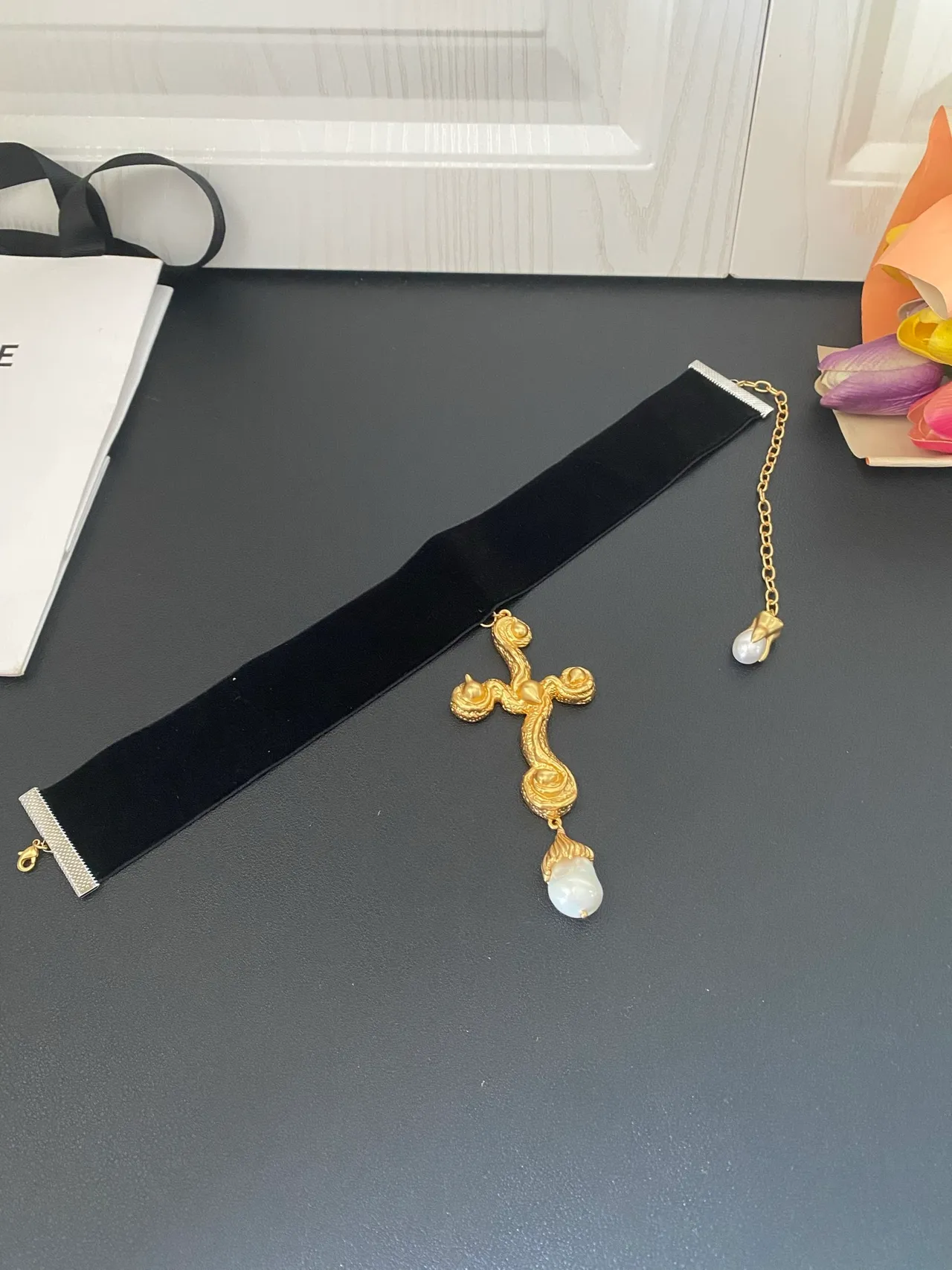 Black Gold Velvet Choker Ornate Cross Necklace 6