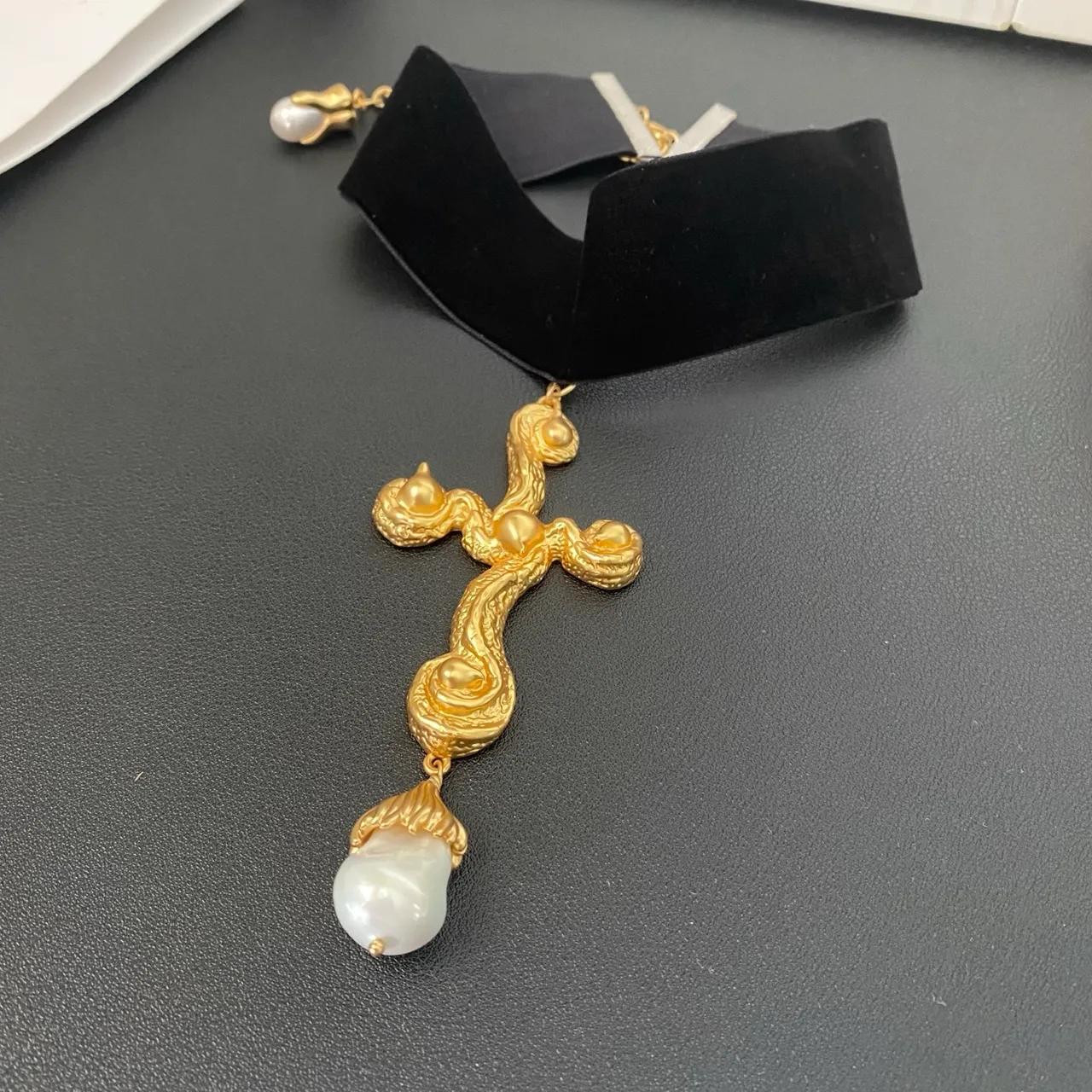 Black Gold Velvet Choker Ornate Cross Necklace 7