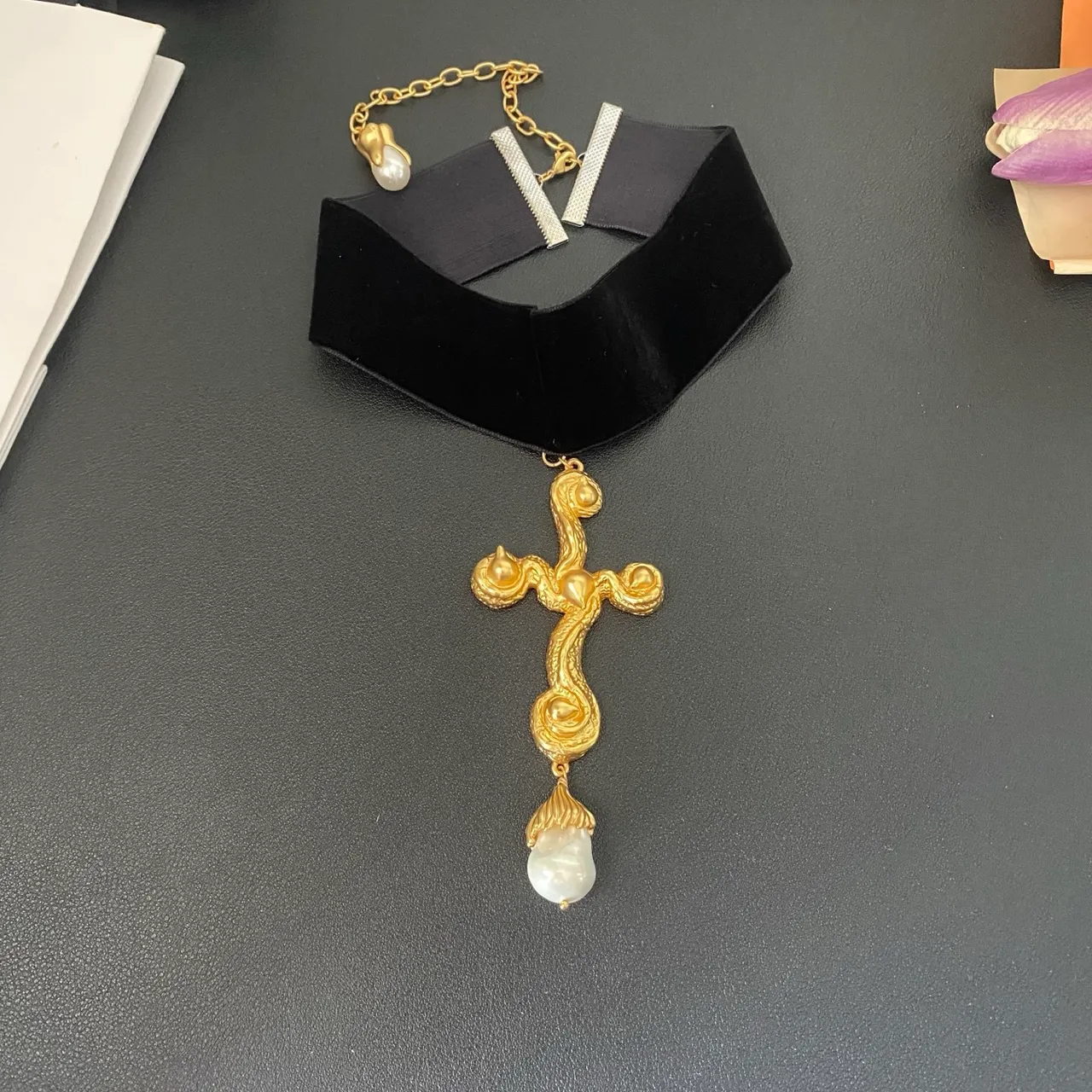 Black Gold Velvet Choker Ornate Cross Necklace 8
