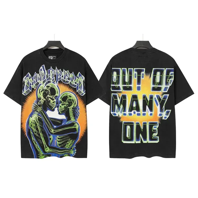 Black Graphic Print Neon Skeletal Couple T-Shirt 2