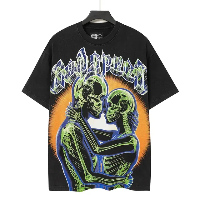 Black Graphic Print Neon Skeletal Couple T-Shirt 3
